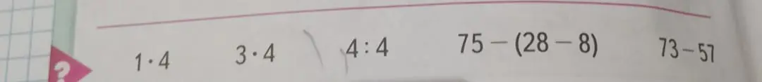 Вычисли значения выражений: 1*4, 3*4, 4:4, 75-(28-8), 73-57