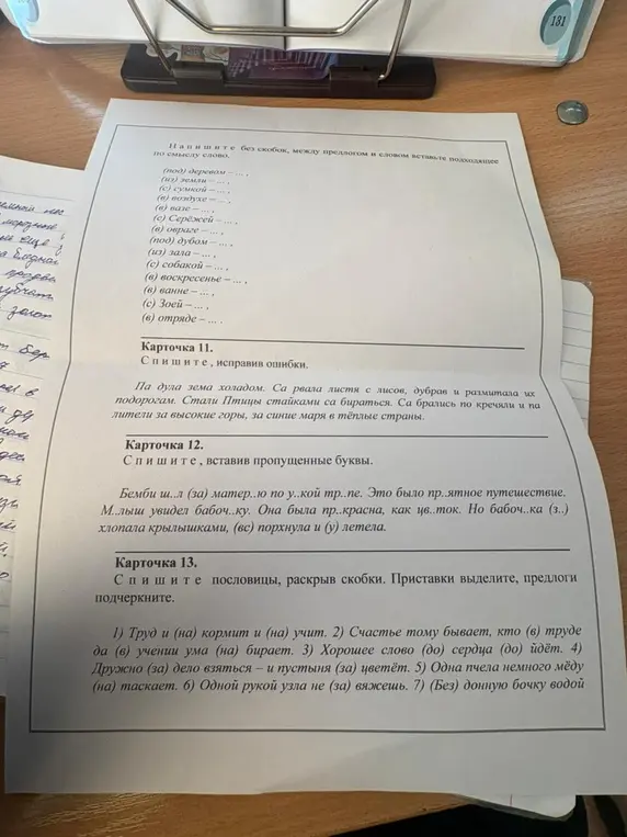 Спиши пословицы, раскрыв скобки. Приставки выдели, предлоги подчеркни.