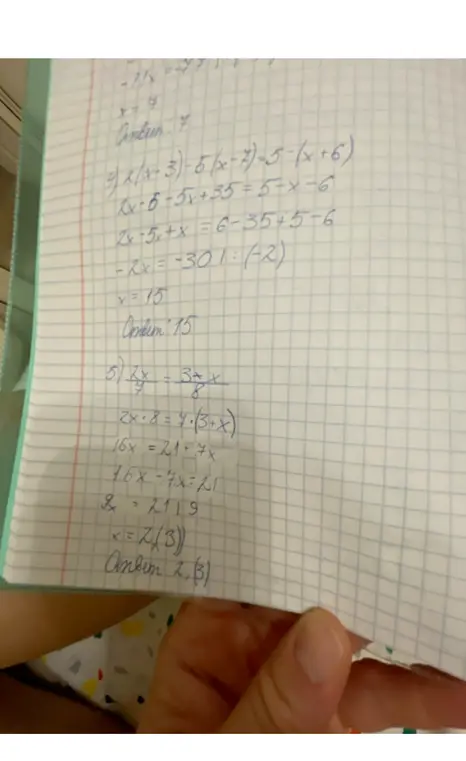 Реши уравнения: 4) $2(x-3)-5(x-7)=5-(x+6)$, 5) $\frac{2x}{7} = \frac{3+x}{8}$
