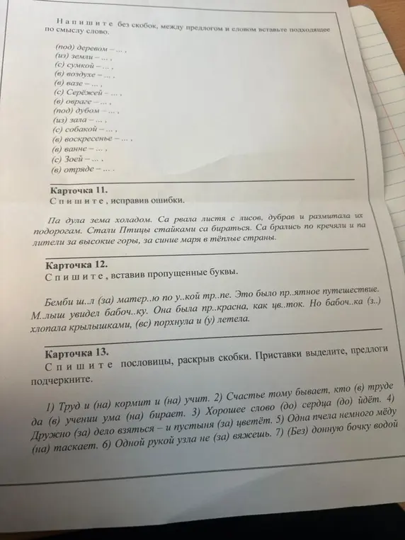 Спиши, исправь ошибки в карточке 11, вставь пропущенные буквы в карточке 12 и раскрой скобки в карточке 13.