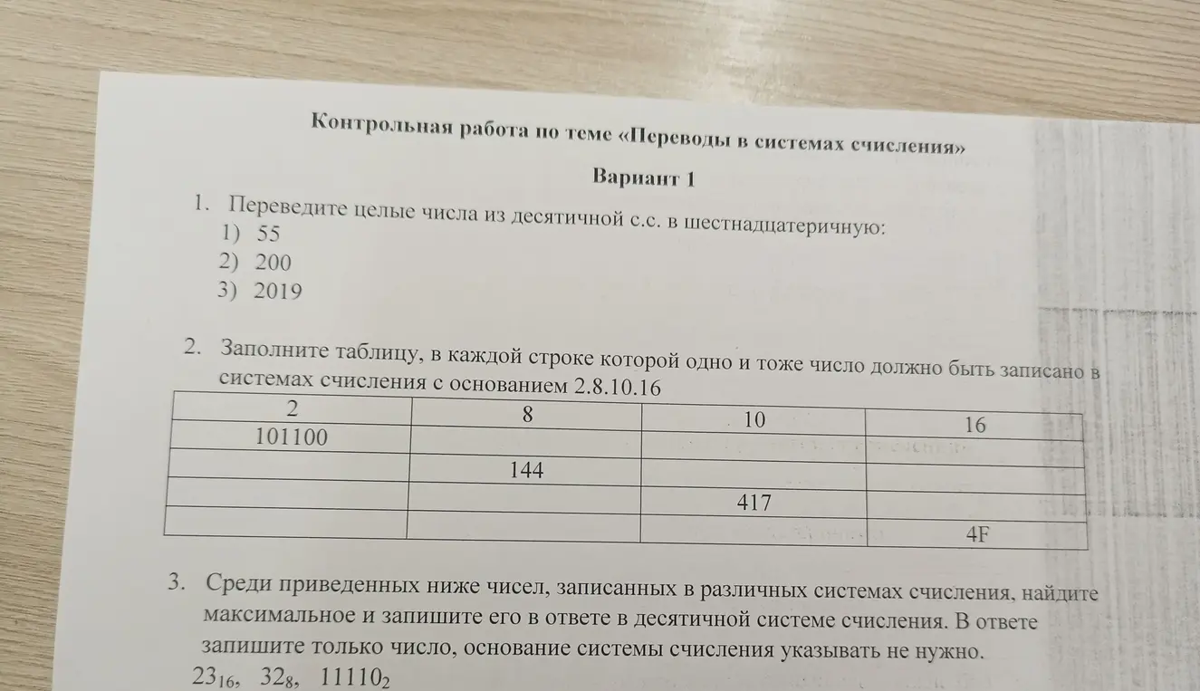 Переведи целые числа из десятичной системы счисления в шестнадцатеричную, заполни таблицу с числами в разных системах счисления и найди максимальное число из разных систем счисления в десятичной.