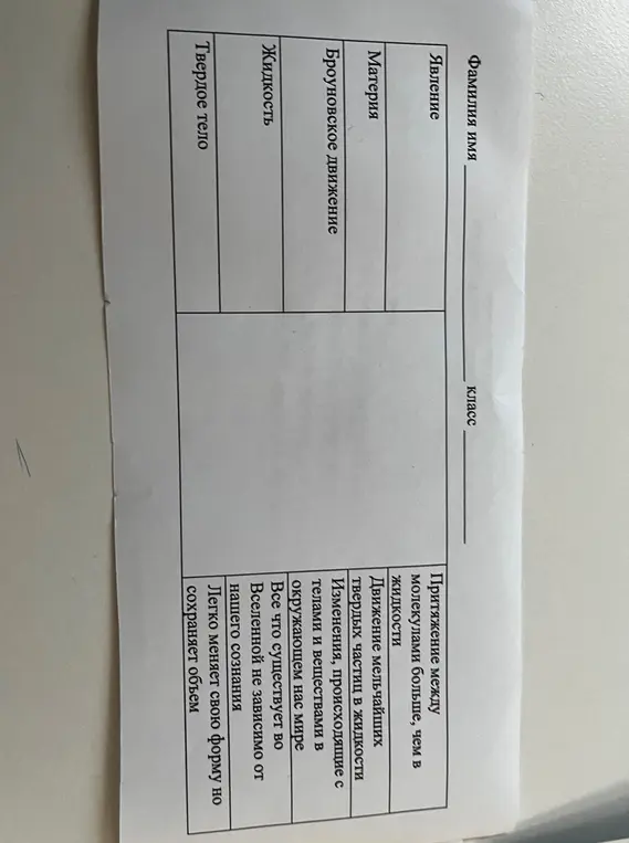 Заполни таблицу, сопоставив определения и понятия: явление, материя, броуновское движение, жидкость, твердое тело.