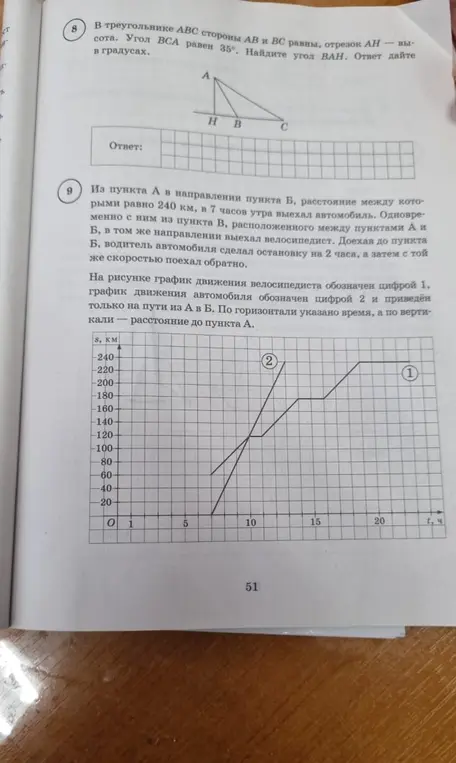 В треугольнике ABC стороны AB и BC равны, отрезок AH — высота. Угол BCA равен 35°. Найди угол BAH.