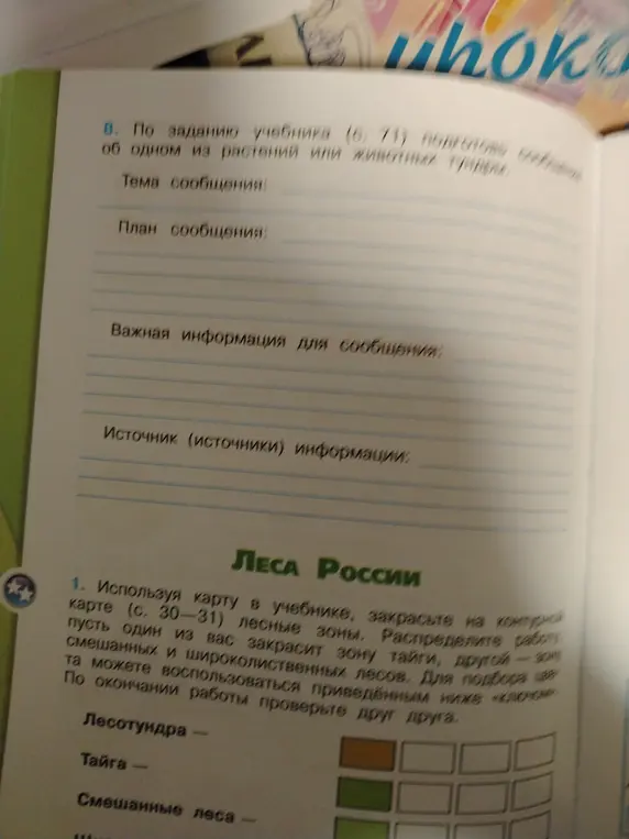 Подготовь сообщение об одном из растений или животных тундры и используя карту в учебнике, закрась на контурной карте лесные зоны