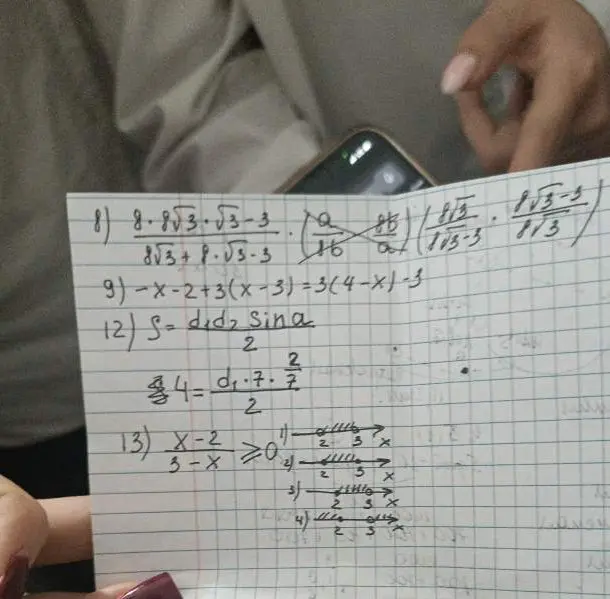 Реши 9)-x-2+3(x-3)=3(4-x)-3, 12) S= d1d2 sina/2, 4=d1*7*2/7/2, 13) (x-2)/(3-x)>=0