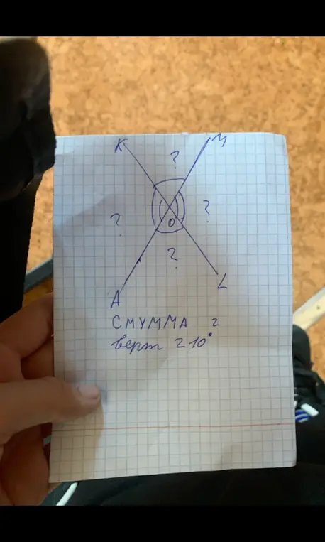 Найди величины углов, если сумма двух вертикальных углов равна 210 градусов.