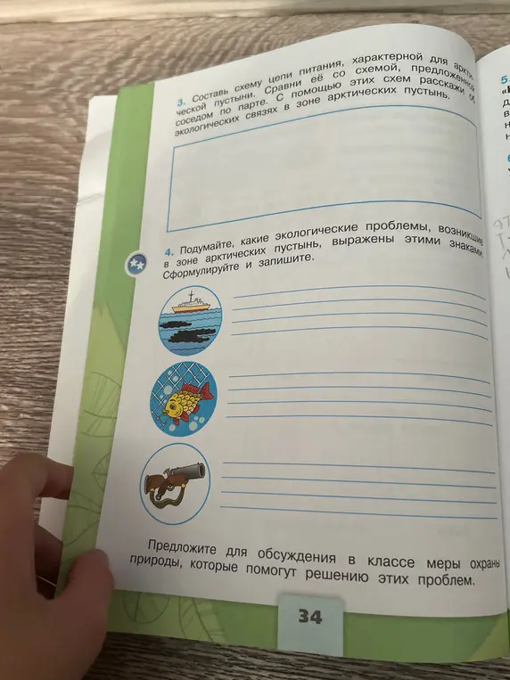 Подумай, какие экологические проблемы, возникшие в зоне арктических пустынь, выражены этими знаками. Сформулируй и запиши.