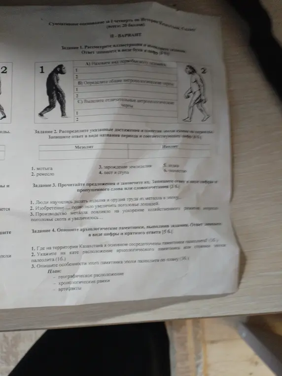 Рассмотри иллюстрации и определи вид первобытного человека, определи общие и отличительные антропологические черты, распредели достижения эпохи камня, закончи предложения, опиши археологические памятники.