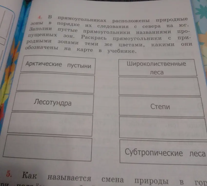 Заполни пустые прямоугольники названиями природных зон.