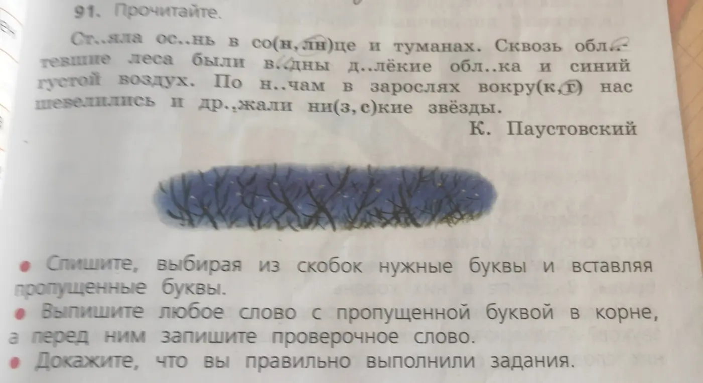 Спиши текст, выбирая из скобок нужные буквы и вставляя пропущенные буквы; выпиши любое слово с пропущенной буквой в корне, а перед ним запиши проверочное слово; докажи, что ты правильно выполнил задания.