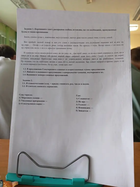 Перепиши текст, раскрой скобки, вставь пропущенные буквы и знаки препинания. В предложении 5 подчеркни главные и второстепенные члены предложения. Найди и выпиши предложения с однородными членами, подчеркни их. Выпиши номера сложных предложений. В словосочетании (сущ. + прилаг.) напиши род, число и падеж. В глаголах напиши спряжение.