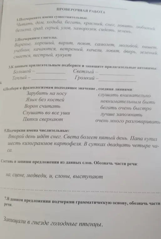 Выполни задания по русскому языку: подчеркни существительные, глаголы, числительные, подбери антонимы, соедини фразеологизмы, составь предложение, определи грамматическую основу.