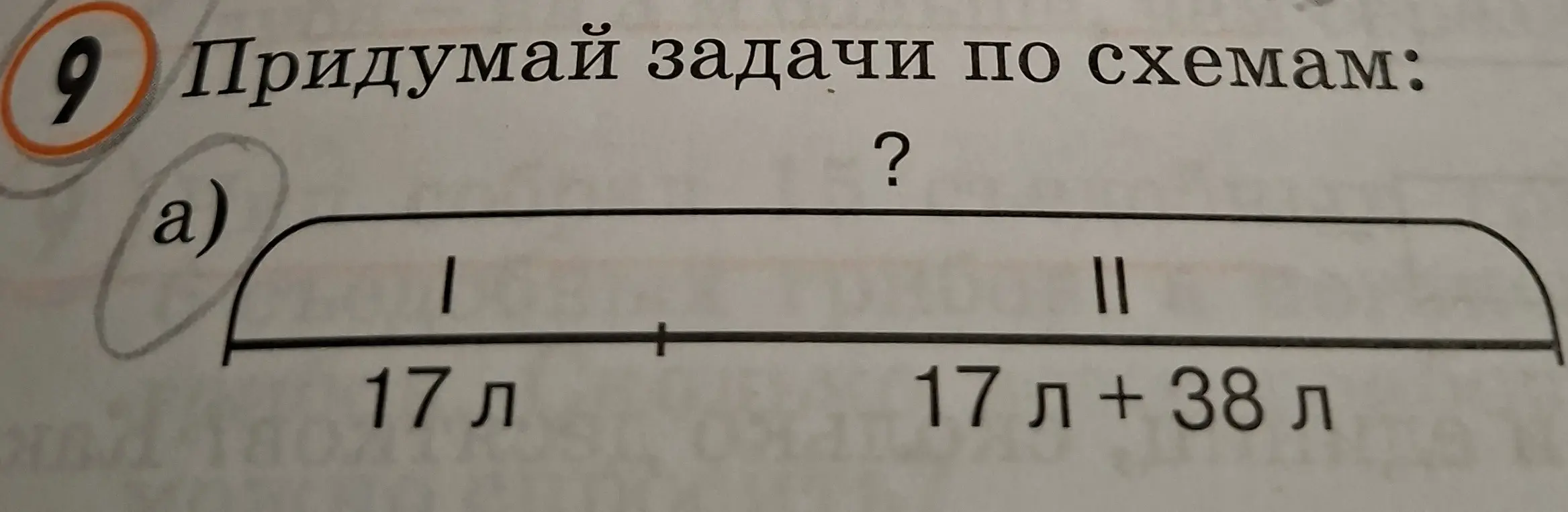 Придумай задачу по схеме, где одна часть 17 л, а другая 17 л + 38 л.