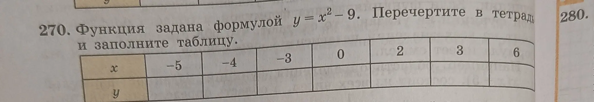 Заполни таблицу для функции y=x^2-9 и найди координаты точки пересечения отрезка M(0;-4) и N(6;2) с осью x.