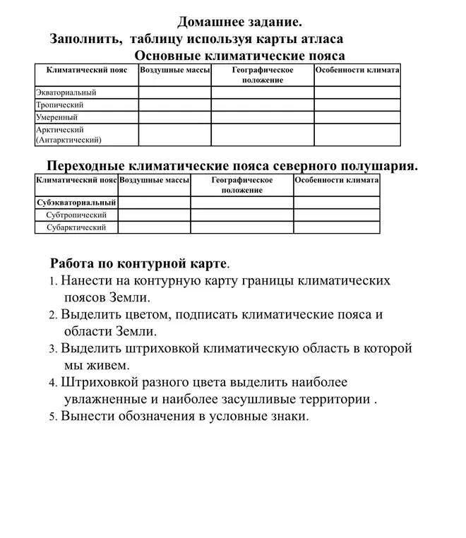 Заполни таблицу, используя карты атласа: основные климатические пояса. Нанеси на контурную карту границы климатических поясов Земли.