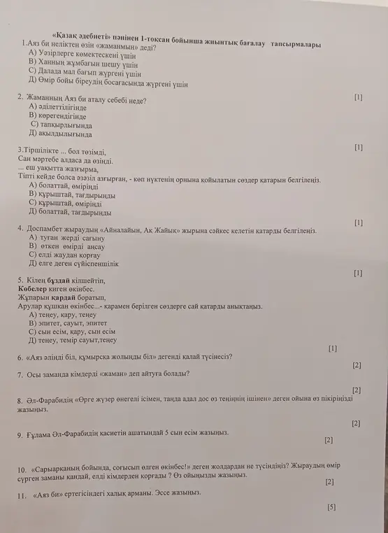 Ответь на вопросы по казахской литературе и языку.