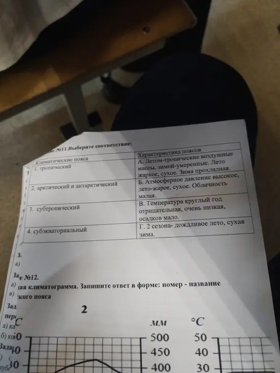 Выбери соответствие для климатических поясов и определи по климатограмме, к какому поясу она относится.