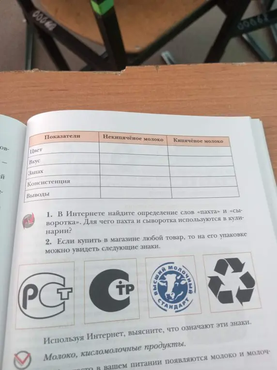 Найди определение слов «пахта» и «сыворотка» в интернете и выясни, для чего они используются в кулинарии. Выясни, что означают знаки на упаковке товара.