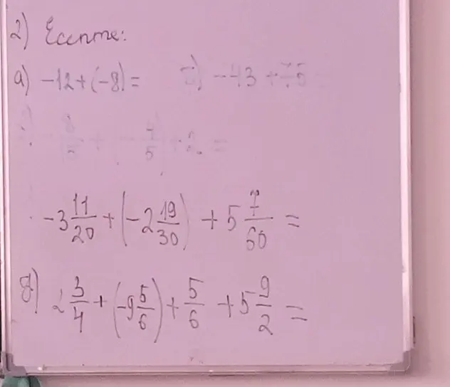 Вычисли значения выражений: a) -12+(-8); б) -43+75; в) 8/15+(-4/5)+2; г) -3 11/20+(-2 19/30)+5 7/60; д) 2 3/4+(-9 5/6)+5/6+5 9/2