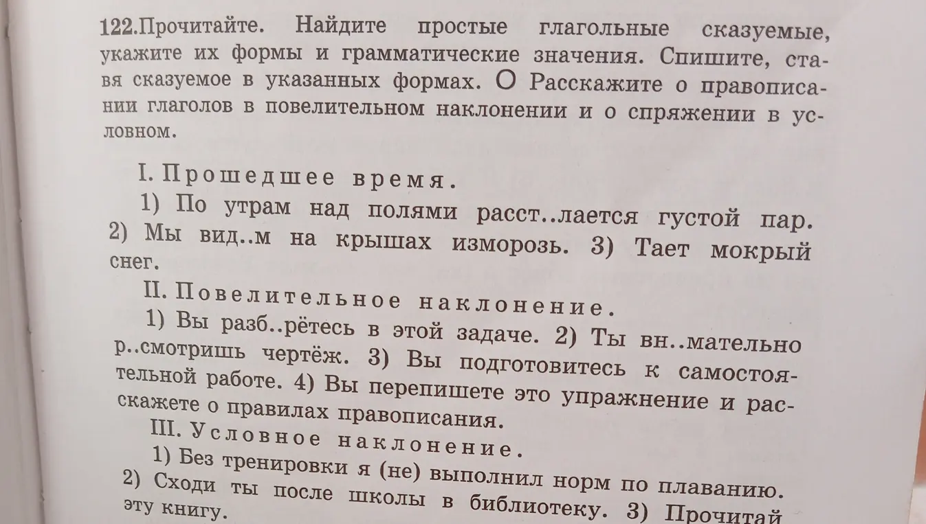 Прочитай текст, найди простые глагольные сказуемые, укажи их формы и грамматические значения, спиши, ставя сказуемое в указанных формах, расскажи о правописании глаголов в повелительном наклонении и о спряжении в условном.