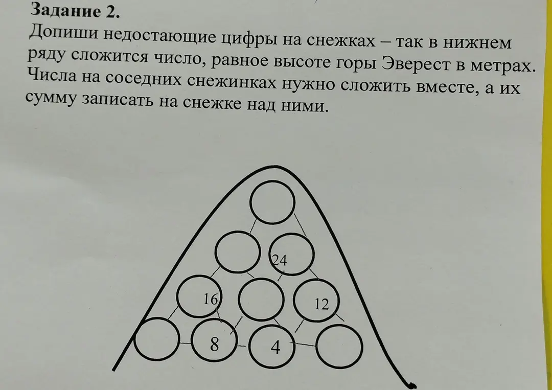 Допиши недостающие цифры на снежках, чтобы в нижнем ряду сложилось число, равное высоте горы Эверест в метрах.
