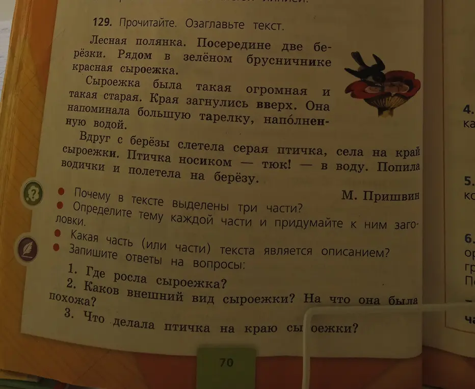 Ответь на вопросы о месте, внешнем виде сыроежки и действиях птички.