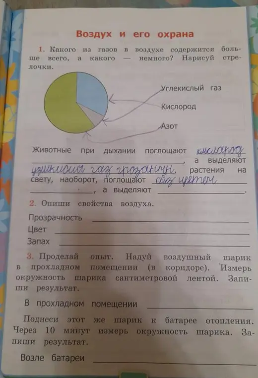 Ответь на вопросы про воздух и его охрану. Опиши свойства воздуха. Проделай опыт с воздушным шариком.