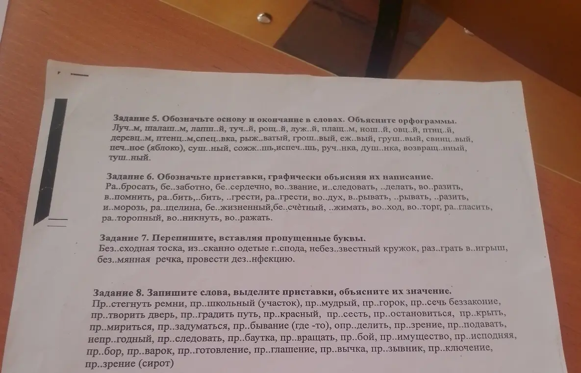 Выполни задания: 5. Обозначь основу и окончание в словах, объясни орфограммы; 6. Обозначь приставки, графически объясни их написание; 7. Перепиши, вставляя пропущенные буквы; 8. Запиши слова, выдели приставки, объясни их значение.