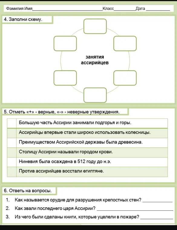 Заполни схему про занятия ассирийцев, отметь верные и неверные утверждения, ответь на вопросы.