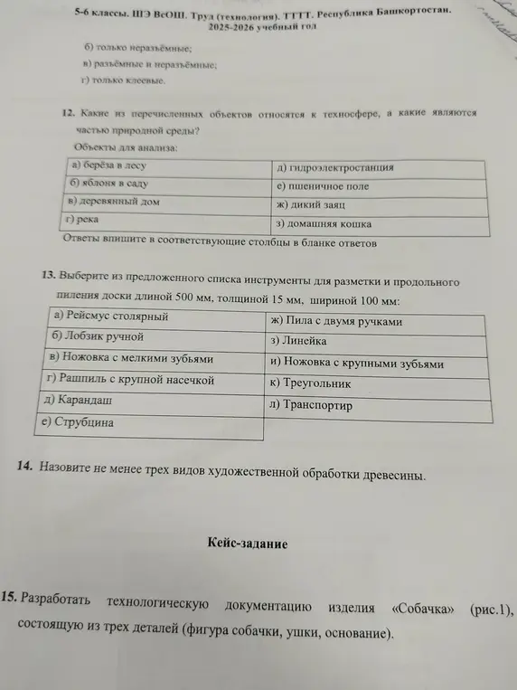 Определи объекты техносферы и природной среды, выбери инструменты для работы с доской, назови виды художественной обработки дерева и разработай документацию для изделия.
