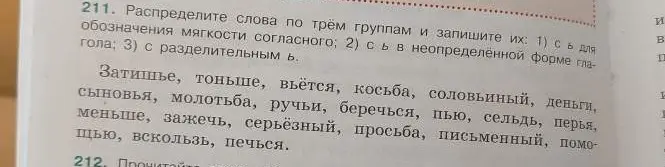 Распредели слова по трём группам: с Ь для обозначения мягкости согласного, с Ь в неопределённой форме глагола и с разделительным Ь.