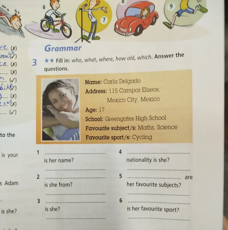Заполни пропуски: who, what, where, how old, which. Ответь на вопросы.