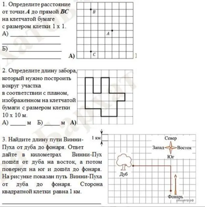 Определи расстояние от точки А до прямой ВС, длину забора вокруг участка и длину пути Винни-Пуха от дуба до фонаря.