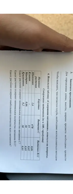 Используя таблицу «Содержание витаминов», ответь на вопросы: какое растение содержит минимальное количество витамина С?
