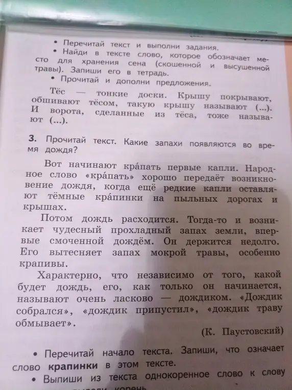 Перечитай текст и выполни задания: найди в тексте слово, которое обозначает место для хранения сена, прочитай и дополни предложения, ответь, какие запахи появляются во время дождя, запиши значение слова крапинки, выпиши однокоренное слово к слову корень.