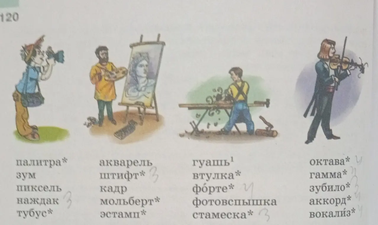 Определи, кто изображён на рисунках, какие слова соответствуют профессиям персонажей. Сделай исправления. Составь предложение с любым профессиональным словом.
