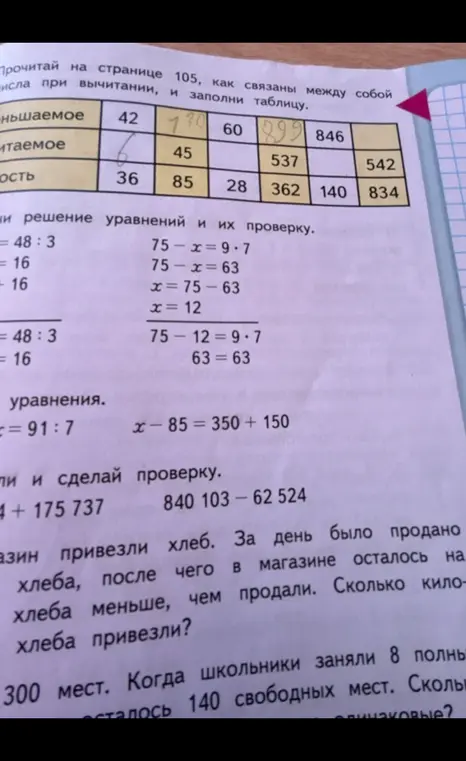 Заполни таблицу, используя вычитание.
