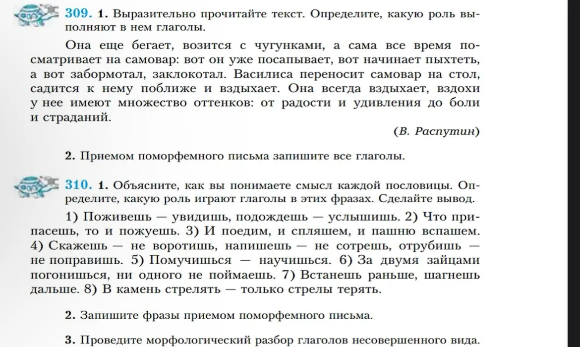 Выразительно прочитай текст и определи роль глаголов; приемом поморфемного письма запиши глаголы; объясни смысл пословиц и определи роль глаголов; запиши фразы приемом поморфемного письма; проведи морфологический разбор глаголов несовершенного вида.