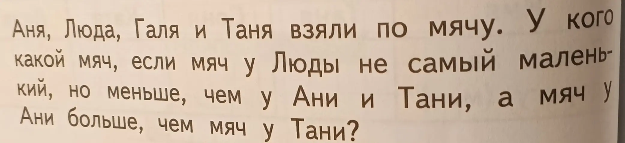 Определи, у кого какой мяч, если мяч у Люды не самый маленький, но меньше, чем у Ани и Тани, а мяч у Ани больше, чем мяч у Тани.