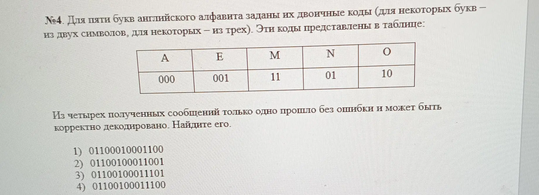 Определи, какое из сообщений, закодированных двоичным кодом, может быть корректно декодировано.