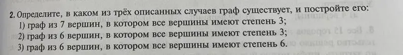 Определи, в каком из трёх описанных случаев граф существует, и построй его: граф из 7 вершин, в котором все вершины имеют степень 3.