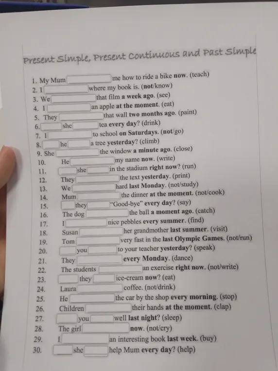 Заполни пропуски, используя Present Simple, Present Continuous и Past Simple.
