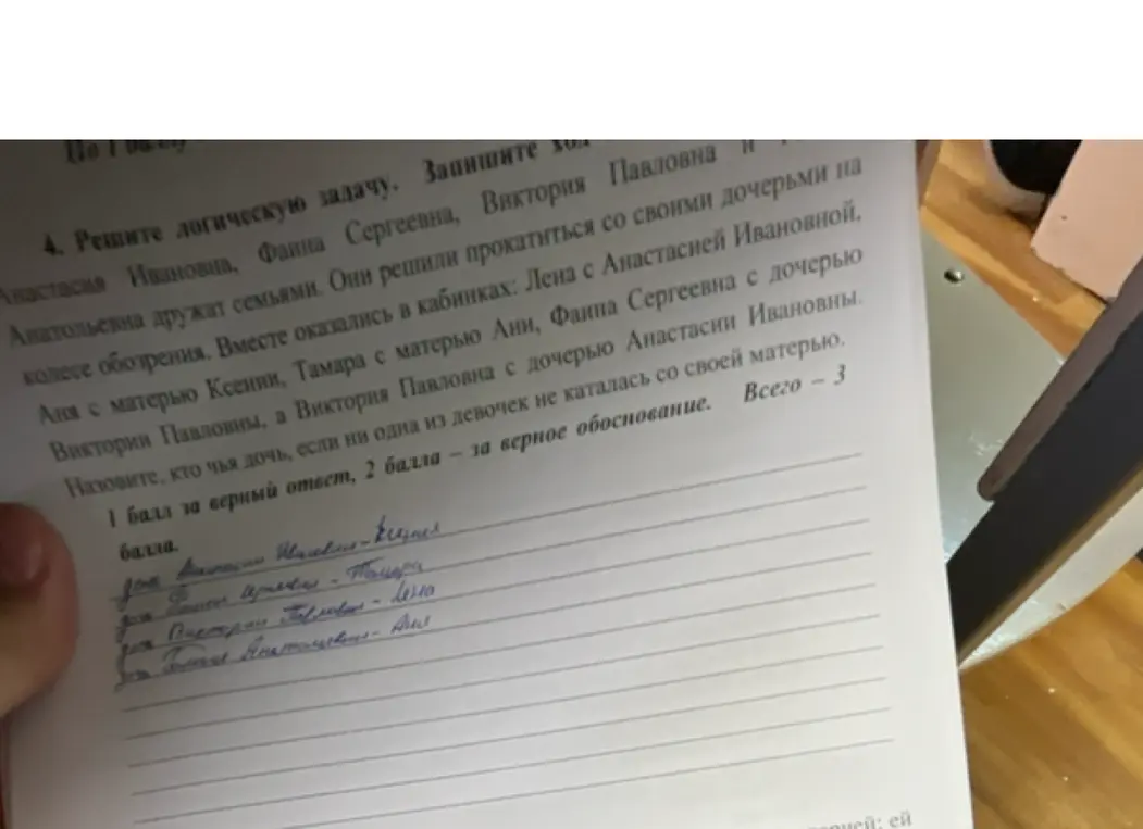 Реши логическую задачу про семьи Анастасии Ивановны, Фаины Сергеевны, Виктории Павловны и Тамары Анатольевны, которые решили прокатиться со своими дочерьми на колесе обозрения и назови, кто чья дочь, если ни одна из девочек не каталась со своей матерью.