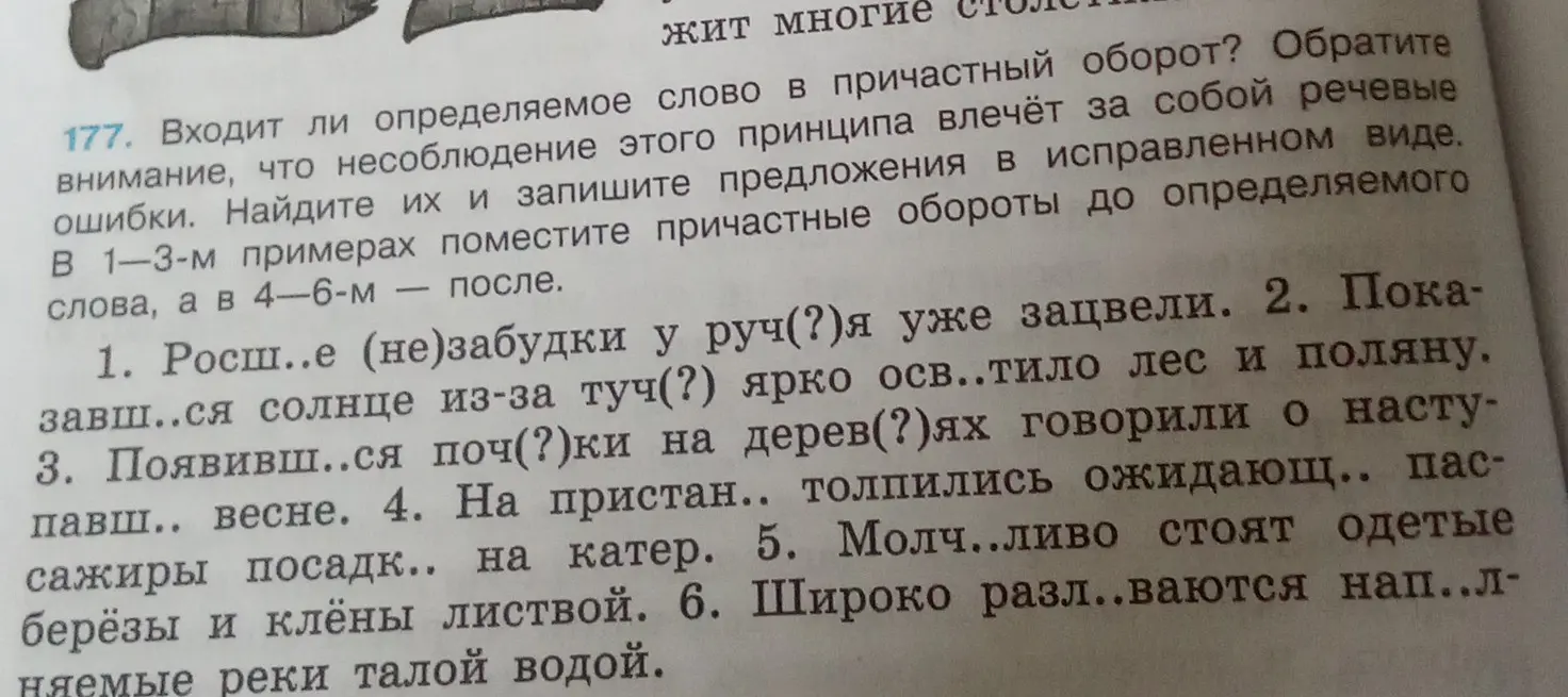 Исправь предложения, вставляя пропущенные буквы и расставляя причастные обороты.
