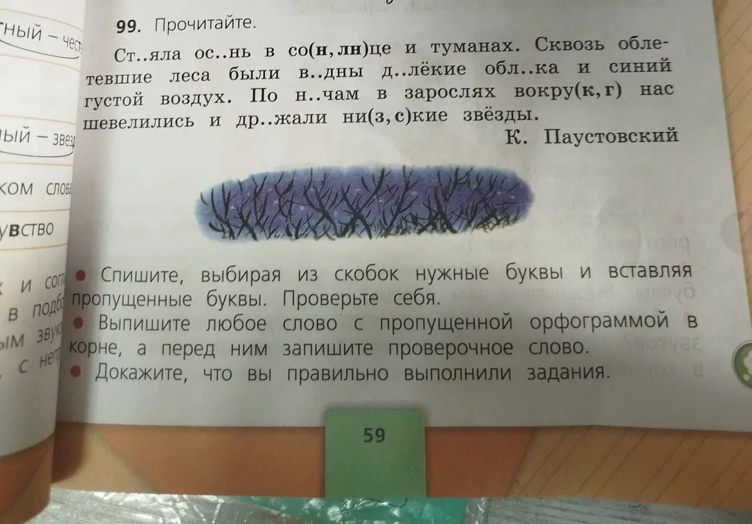 Спиши текст, выбирая из скобок нужные буквы и вставляя пропущенные буквы. Выпиши любое слово с пропущенной орфограммой в корне, а перед ним запиши проверочное слово.