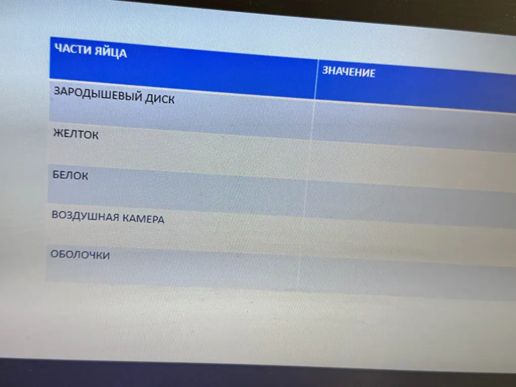 Определи значение частей яйца: зародышевый диск, желток, белок, воздушная камера, оболочки.
