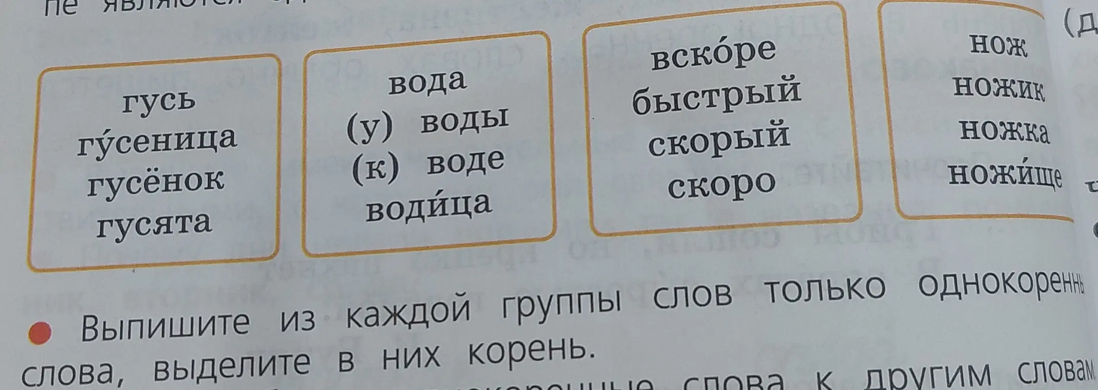 Выпиши из каждой группы слов только однокоренные слова, выдели в них корень.