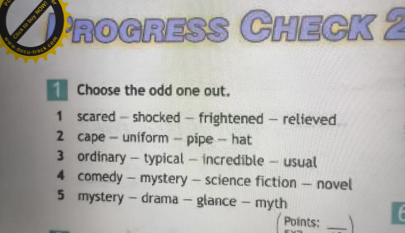 Выбери лишнее слово в каждом ряду: scared - shocked - frightened - relieved, cape - uniform - pipe - hat, ordinary - typical - incredible - usual, comedy - mystery - science fiction - novel, mystery - drama - glance - myth