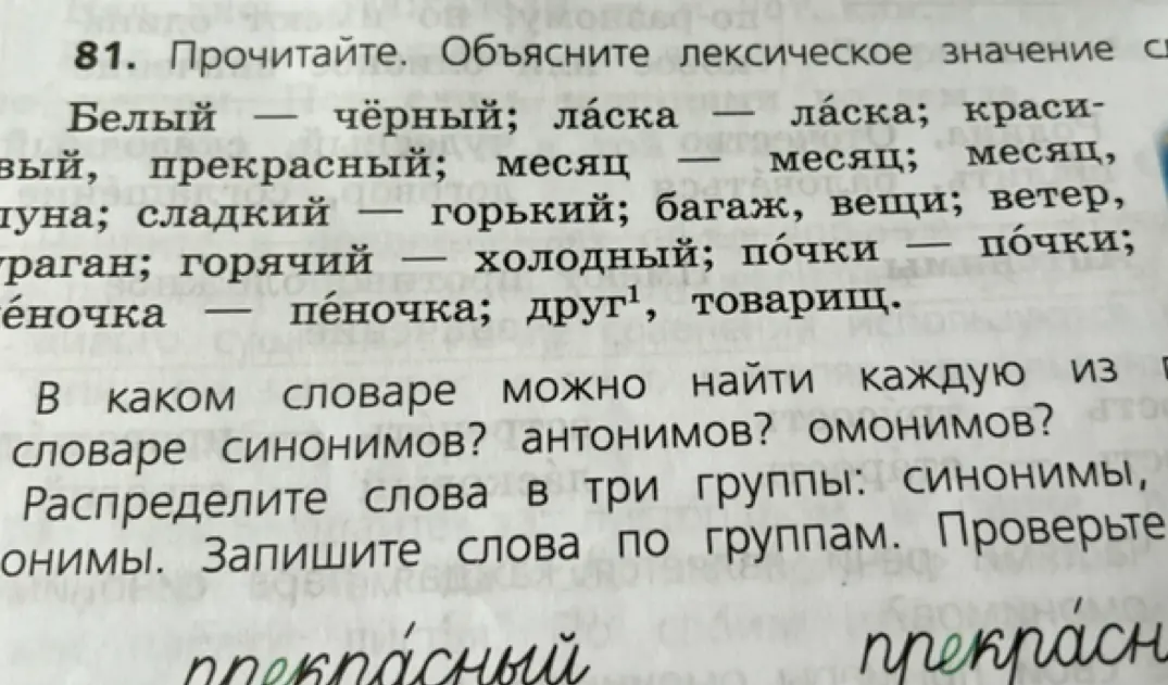 Объясни лексическое значение слов, укажи, в каком словаре можно найти каждую из групп слов (синонимы, антонимы, омонимы) и распредели слова по этим группам.