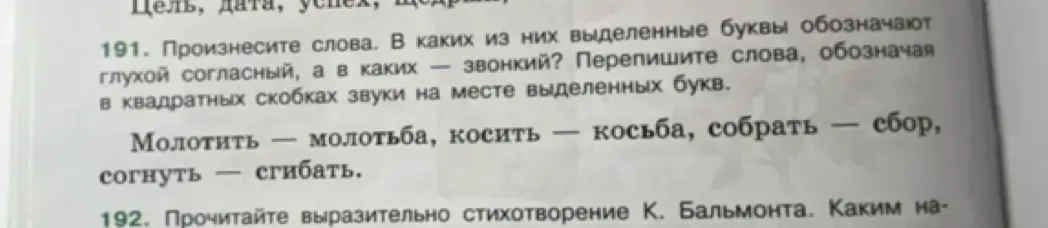 Произнеси слова, определи, какие из выделенных букв обозначают глухой согласный, а какие – звонкий, и перепиши слова, обозначая в квадратных скобках звуки на месте выделенных букв.